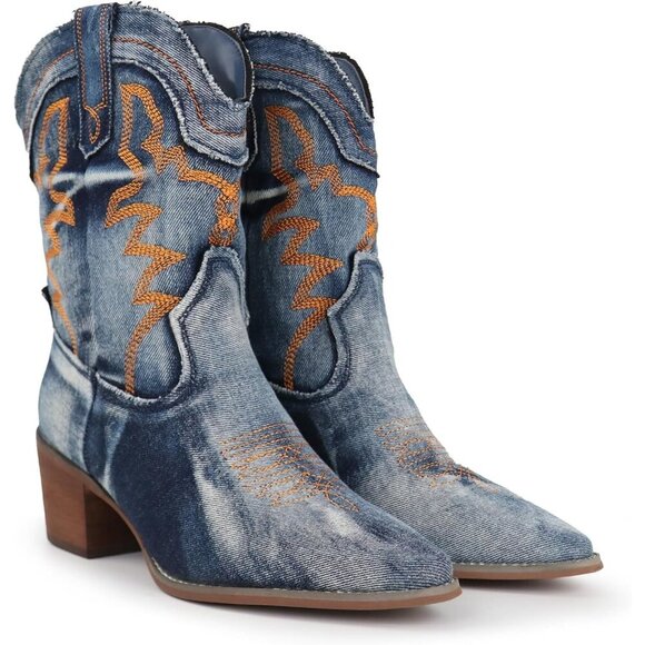 Women's Blue Embroidered Stitched Rodeo Boots Pointed Toe Chunky Block Heel - Picture 6 of 6